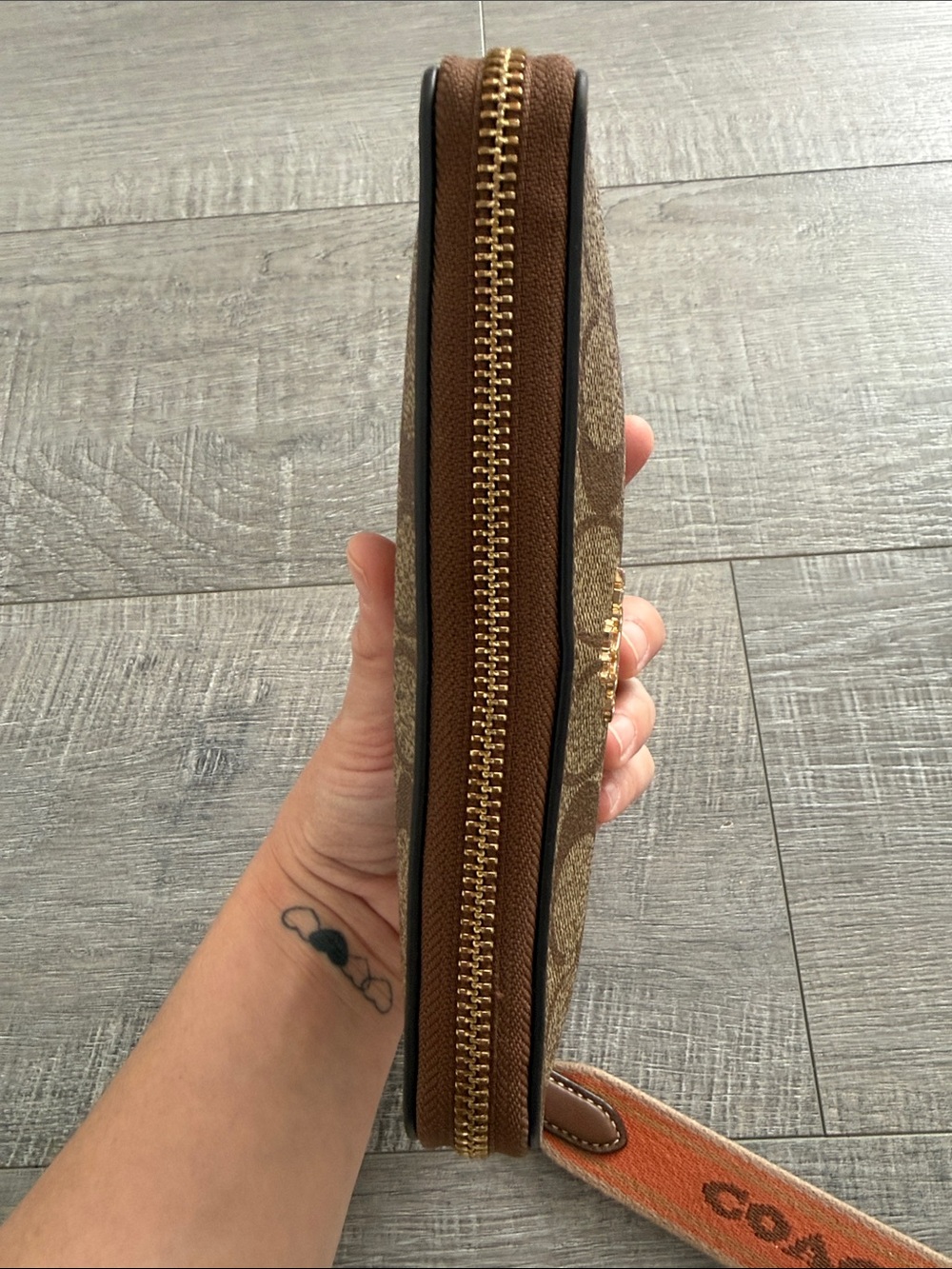 Coach Brown Signature Canvas Wristlet with Orange Strap - Picture 8 of 13